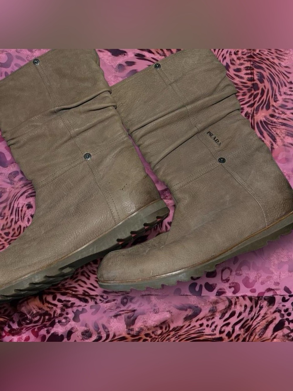 Prada Taupe Leather Mid-Calf Heeled Boots